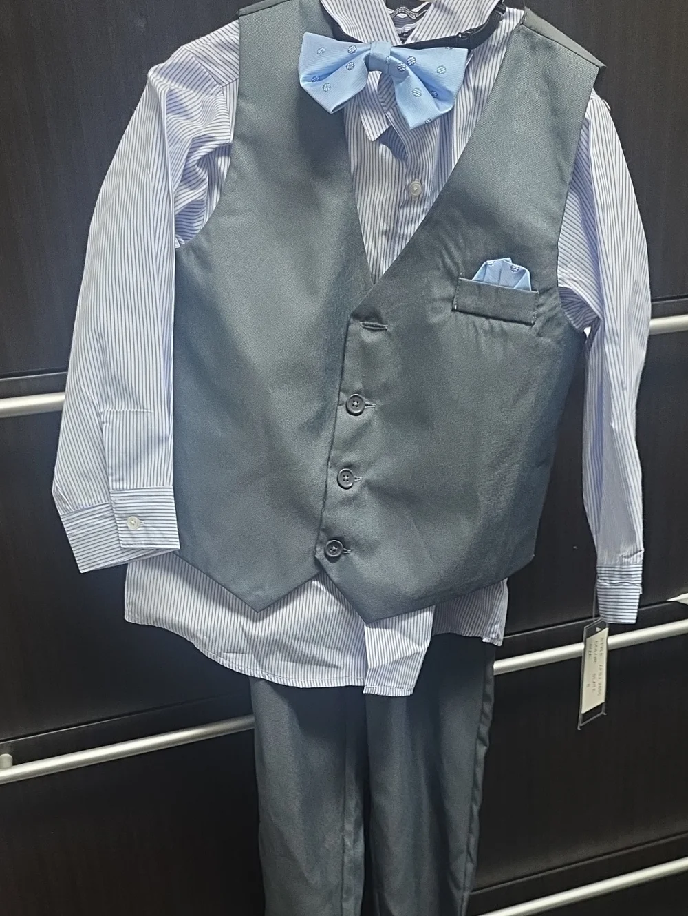 Boys' Slate Gray Vest Suit Set with Light Blue Shirt & Bow Tie